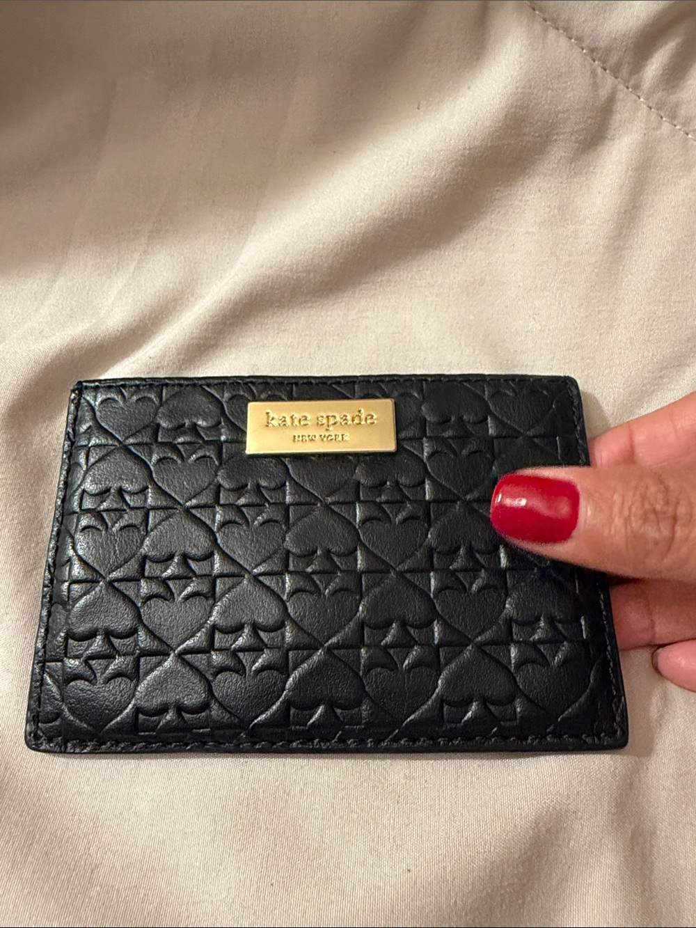 kate spade Black Embossed Heart Leather Card Holder with Gold Plate